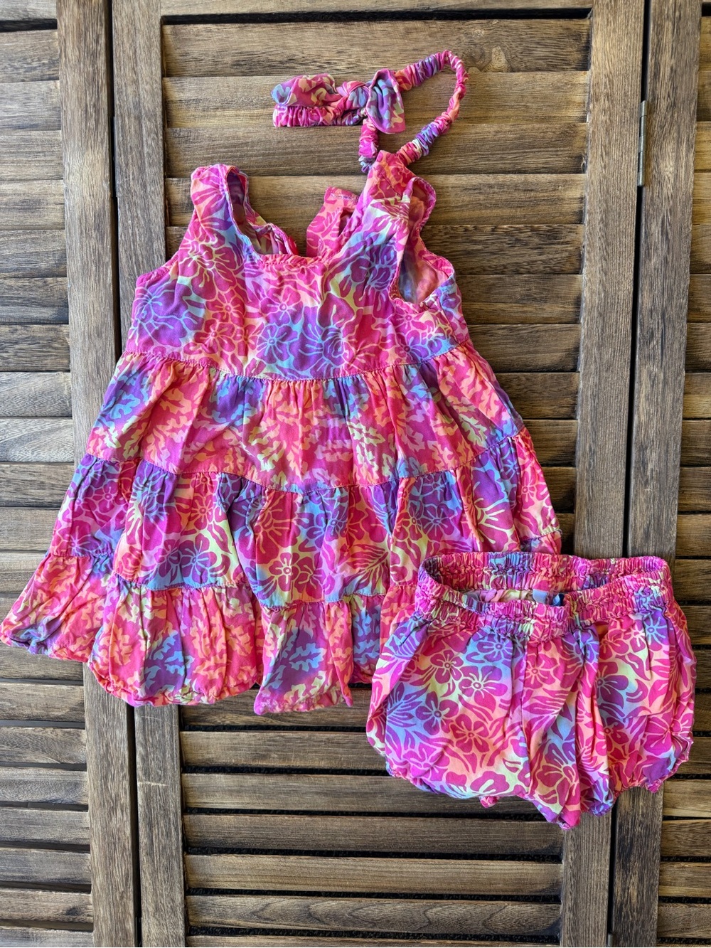 Blue Ginger Hawaiian Girls' Pink Floral Tiered Sundress Matching Bloomers 24 M
